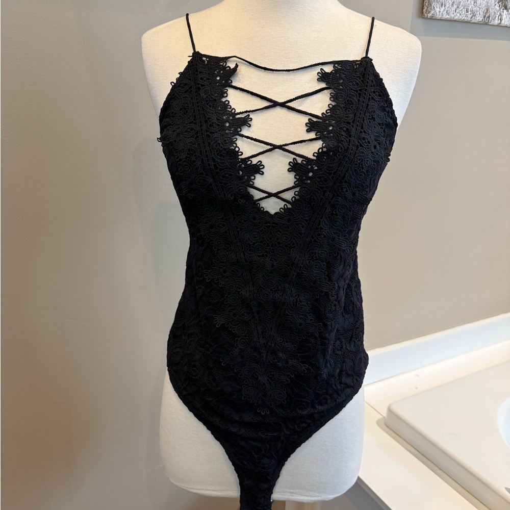 Elila Black Lace Crisscross Deep V Bodysuit